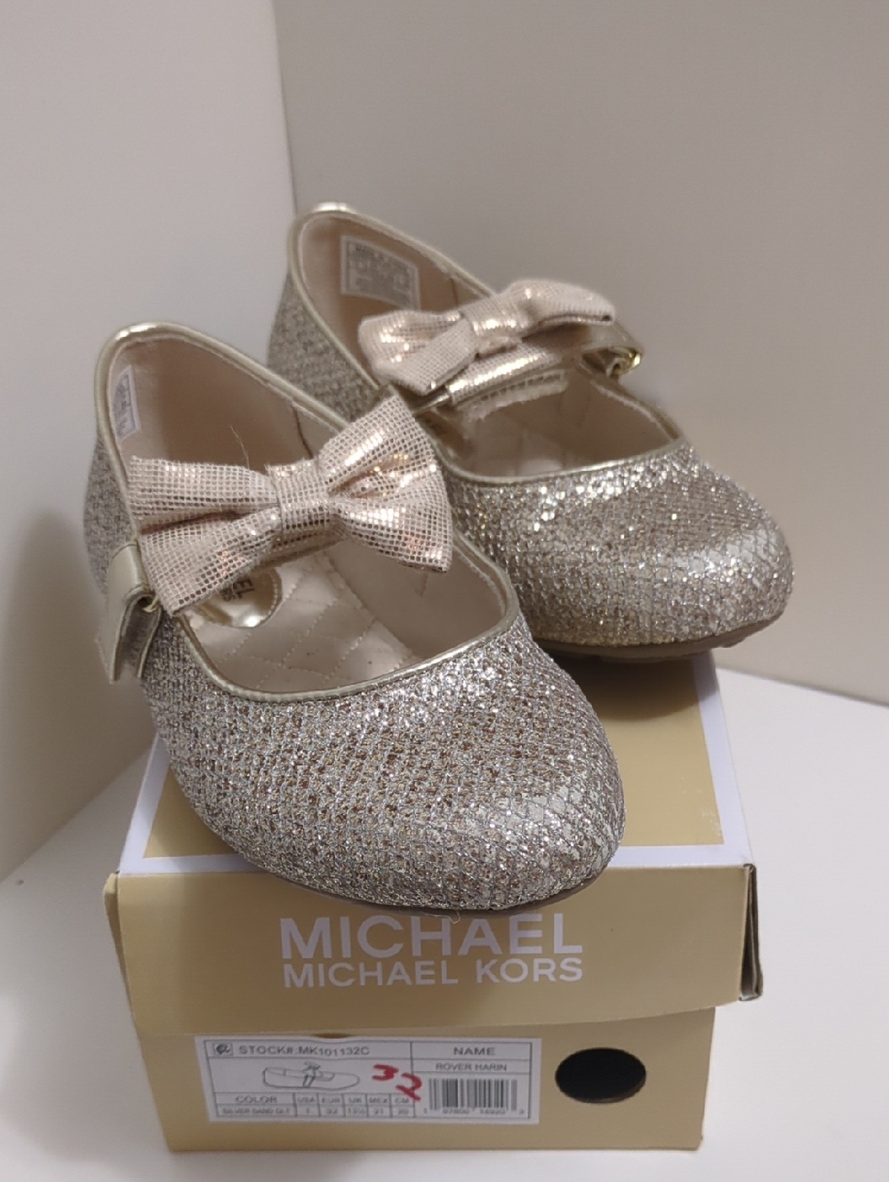 Michael Kors Girls Gold Glitter Bow Mary Janes